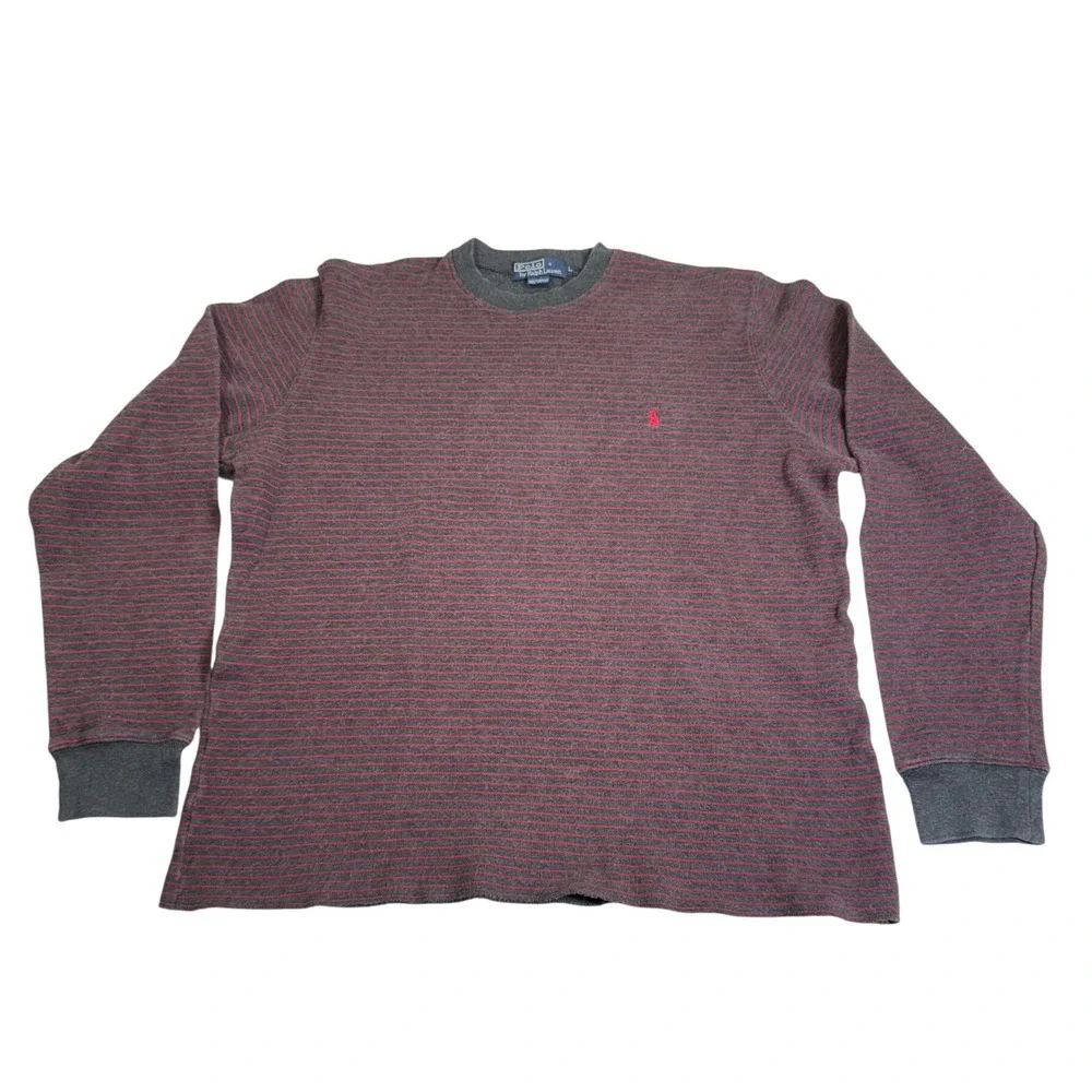 Polo Ralph Lauren Thermal Shirt Mens L Grey Red Striped Long Sleeve